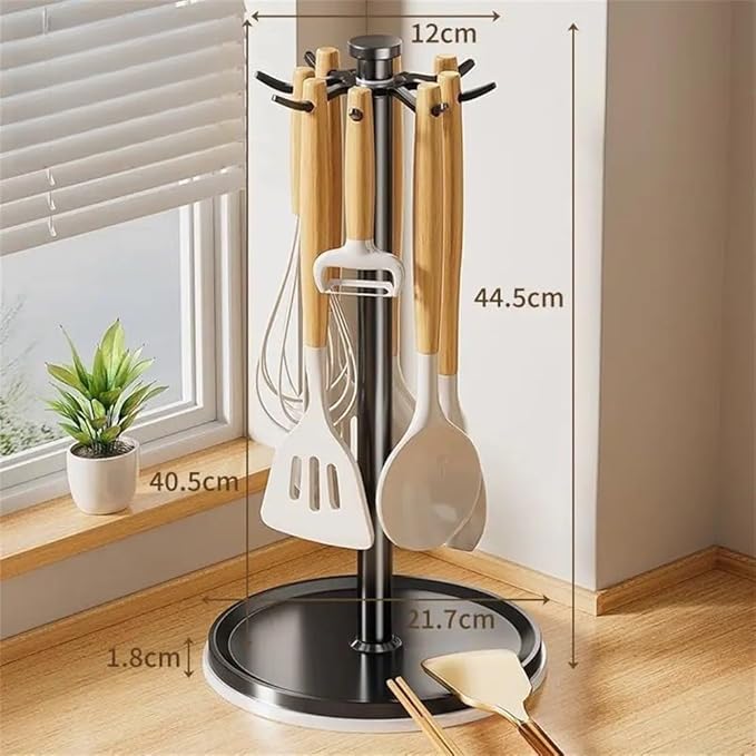Rotatable Hanging Organizer with 8 Hooks for Kitchen Utensils, 360 Degree Swivel Countertop Holder for Cooking Tool Storage (Black)