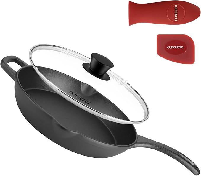 10 Inch Cast Iron Skillet with Tempered Glass Lid, Pre-Seasoned Cast Iron Pan, Silicone Handle Cover & Scraper, Great for Family Meals & Home Cooking