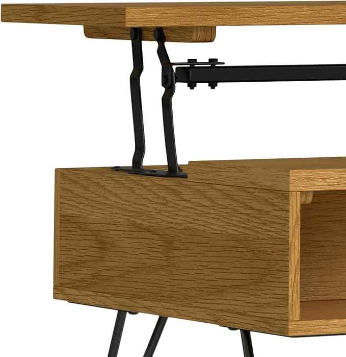 SIMPLIHOME Hunter 48 inch Wide Rectangle Industrial Lift Top Coffee Table in Oak Veneer for the Living Room and Family Room