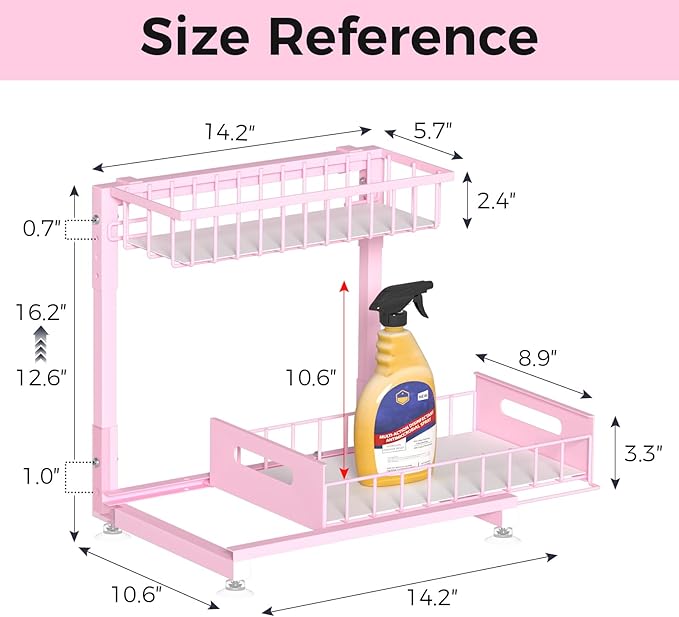 L-Shaped Under Sink Organizer, 2 Pack 2-Tier Pull Out Metal Kitchen Cabinet Organizer with Sliding Storage Drawer, Height Adjustable Heavy Duty Under Bathroom Sink Storage for Cleaning Supplies