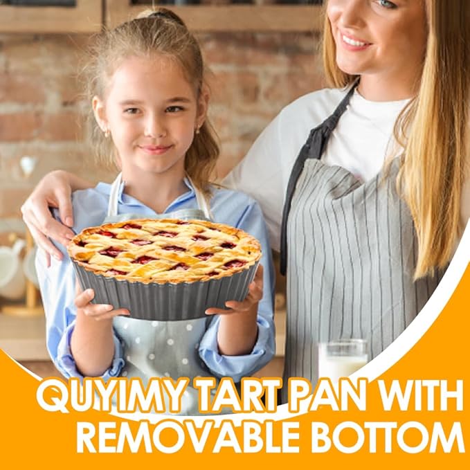 2 Pack 9.5 Inch Tart Pan Pie Pan, Heavy Duty Deep Quiche Pan with Removable Bottom, Nonstick Carbon Steel Deep-dish Round Pie Plate Tin with Oil & Dish Brush