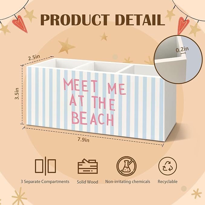Preppy Coastal Beach Wooden Utensils Holder, Coastal Kitchen Decor, Meet Me at the Beach Blue Striped Wood Cooking Utensil Holder Organizer for Kitchen Countertop Counter Decor