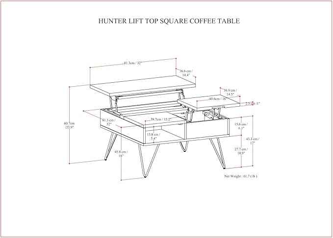SIMPLIHOME Hunter Lift Top Coffee Table - 32 inch Wide Walnut Veneer and Metal Industrial Square Cocktail Table, Living Room Table with Dual Lift Tops, Hidden Storage and Hairpin Legs