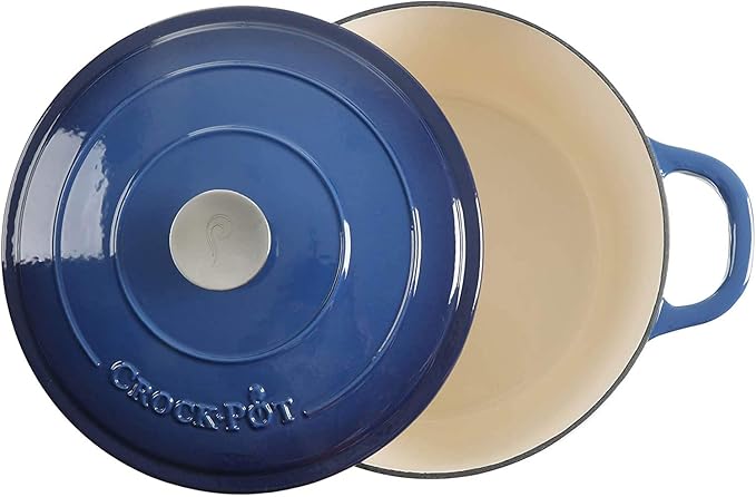 Crock-Pot Artisan 7-Quart Round Enameled Cast Iron Dutch Oven – Sapphire Blue, Durable Heavy-Duty Cookware for Slow Cooking, Baking, Roasting with Lid