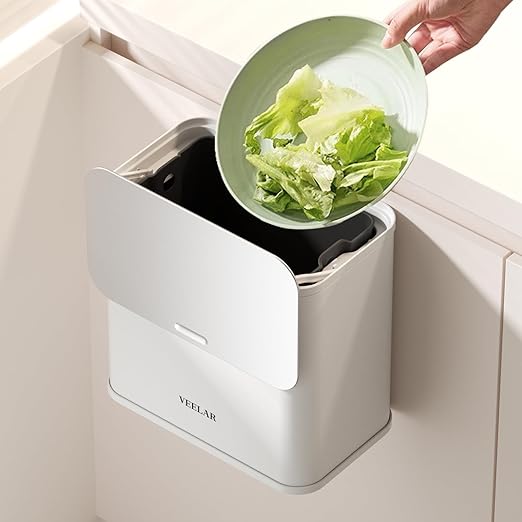 Hanging Stainless Steel Trash Can, 1.6 Gallon /6L Small Compost Bin for Kitchen Cabinet, Bathroom (White)