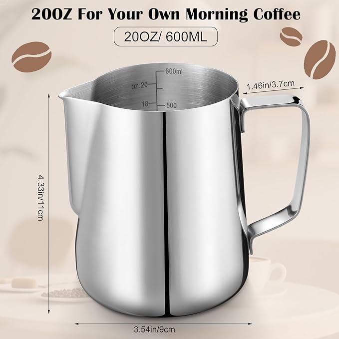 Honeydak 4 Pcs Milk Frothing Pitcher 304 Stainless Steel Steaming Pitchers for Coffee Bar Cappuccino Barista Tools Milk Jug Steamer Frother Cup (20 oz)