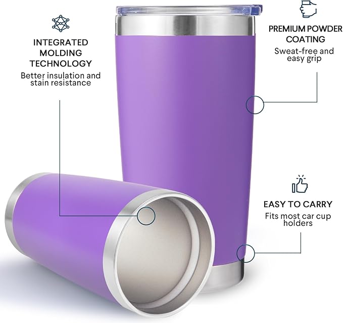 Volhoply 20oz Stainless Steel Tumbler with Lid and Straw Bulk 12 Pack,Double Wall Insulated Travel Iced Coffee Mug Fits Cup Holder,Powder Coated Cups for Hot/Cold Drinks,Christmas Gifts（Purple,12 Set）