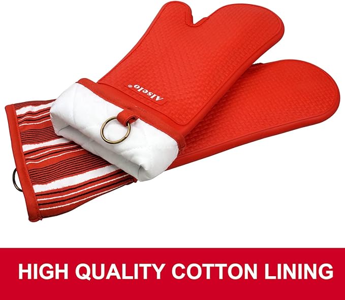 Alselo Silicone Oven Mitts Heat Resistant 550 Degree, Extra Long Kitchen Mittens with Non-Slip and Waterproof Pot Holders for Baking Cooking Barbecue Microwave Machine Washable(Extra Long red, 2)