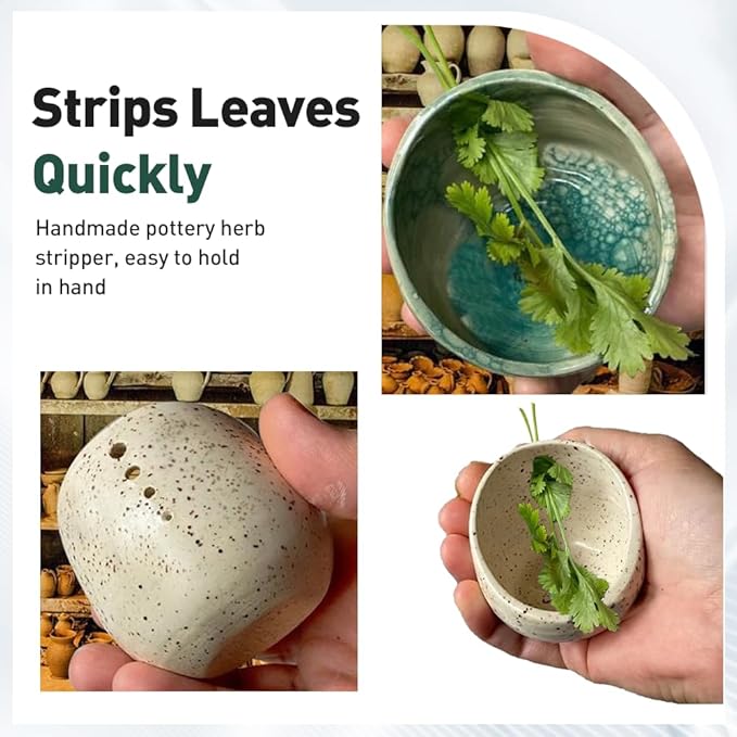 Pottery Herb Stripper Bowl, 2025 Upgrade Pottery Herb Stripper Cup Ceramic Herb Peeling Cup, Handmade Different Round Hole Sizes Suitable for Peeling Off The Leafy Assembly (B)