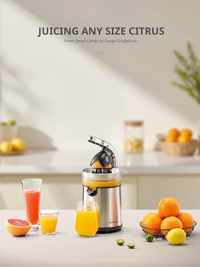 Electric Citrus Juicer Squeezer, Orange Juicer with Two Interchangeable Cones, Suitable for orange, lemon and Grapefruit, Brushed Stainless Steel, Easy to Clean and Use (Stainless Steel)