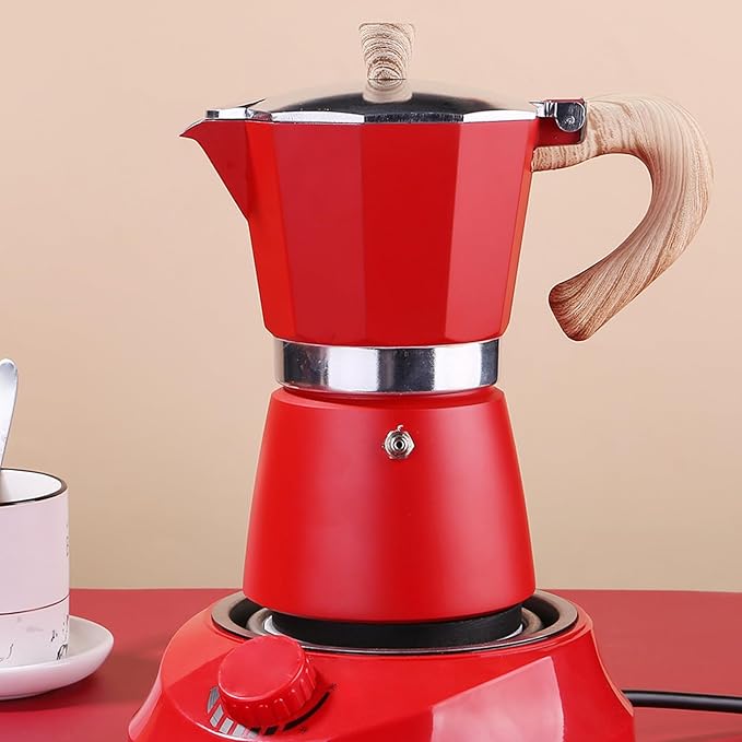 Coffee Pot, Moka Pot Italian Coffee Maker 6 cup/10 OZ Stovetop Espresso Maker for Gas or Electric Ceramic Stovetop Camping Manual Cuban Coffee Percolator for Cappuccino or Latte - Red
