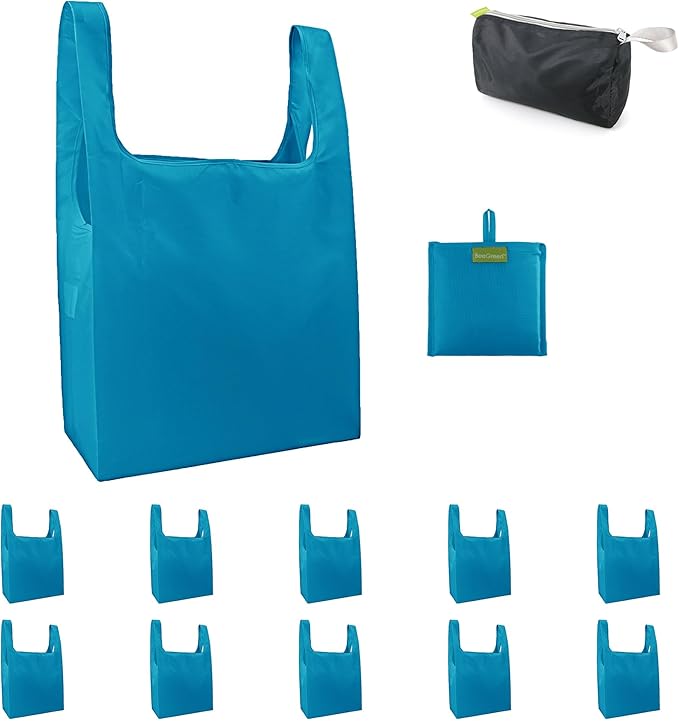 BeeGreen Light Blue Reusable Grocery Bags with Zipper Storage Pouch 10 Packs Blue Reusable Shopping Bags Bulk Foldable-Machine Washable