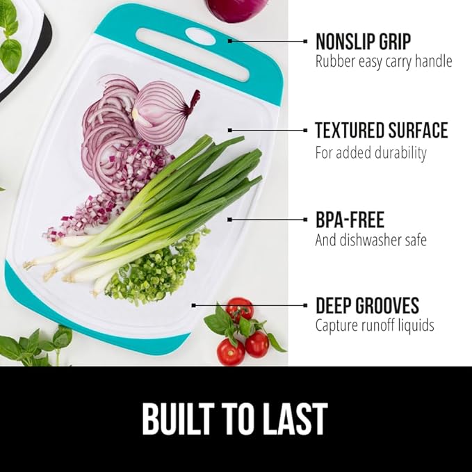 GORILLA GRIP BPA-Free Reversible Kitchen Cutting Board Set of 3, US Designed, Nonporous, Juice Grooves Catch Liquid, Slip Resistant Border, Dishwasher Safe Durable Large Food Chopping Boards Turquoise