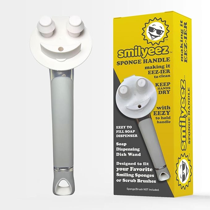 The Original Smiling Handle with Soap Dispensing for Scrub Daddy (Reg. TM) Sponge and Scrub Moji Sponges with Smilyeez Caddy, Dishwand, & 2 Scrub Mojis (White & Grey)