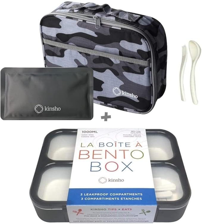 kinsho Camo Lunch Boxes for Boys Teens Adults - Bento Box Set with Insulated Bag and Ice Pack, 3 Compartment Leak Proof Food Container, BPA-Free, Microwave Safe, Ideal for School & Work, Black Gray