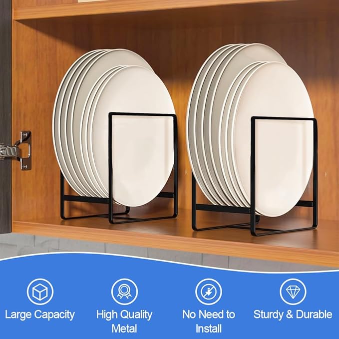 4 Pack Kitchen Plate Holder Organizer for Cabinet Space Saver, Kitchen Dish Storage Drying Racks, Metal Upright Dish Stand for Counter Cupboard (Black)
