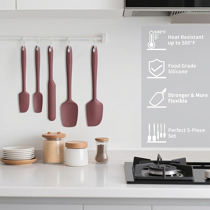 Coukre Silicone Spatula Set of 5,High Temperature Resistant, Food Grade Silicone, Dishwasher Safe, for Baking, Cooking (Pure Wine)