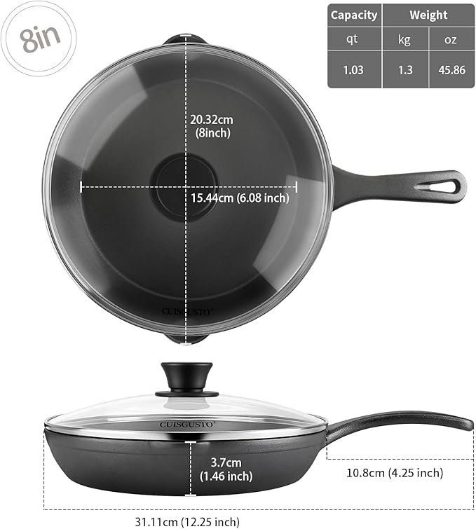 8 Inch Cast Iron Skillet with Tempered Glass Lid, Pre-Seasoned, Even Heat Distribution, Silicone Handle Cover & Pan Scraper, Ideal for Breakfast & Everyday Cooking