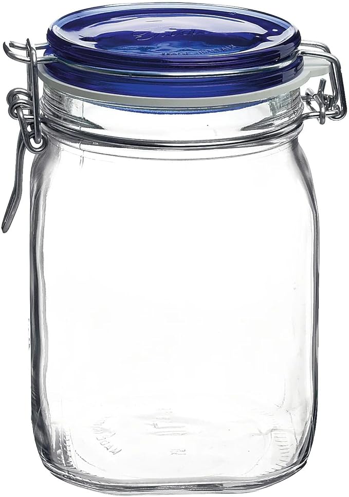 Bormioli Rocco Fido Square Jaw with Blue Lid, 33-3/4-Ounce, 33.75 Ounce, Clear