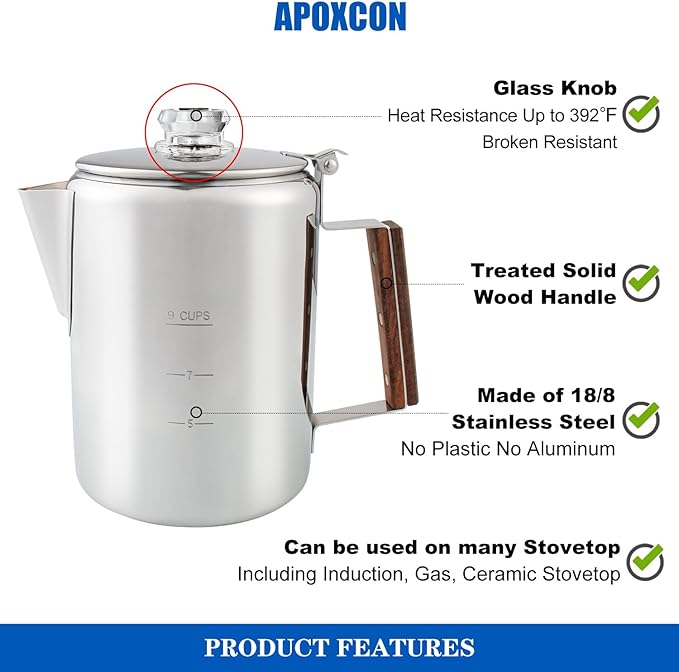 APOXCON Coffee Percolator Camping Coffee Pot Stainless Steel with Glass Knob Using on any Stovetop - NO Aluminum NO Plastic (9 Cup)