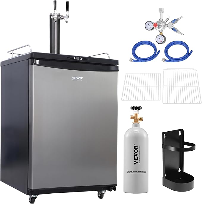 VEVOR Beer Kegerator, Dual Tap Commercial Draft Beer Dispenser for D system, Full Size Keg Refrigerator with 5lbs CO2 Tank, Hold 2 Sixth / 3 Ball lock keg, Silver