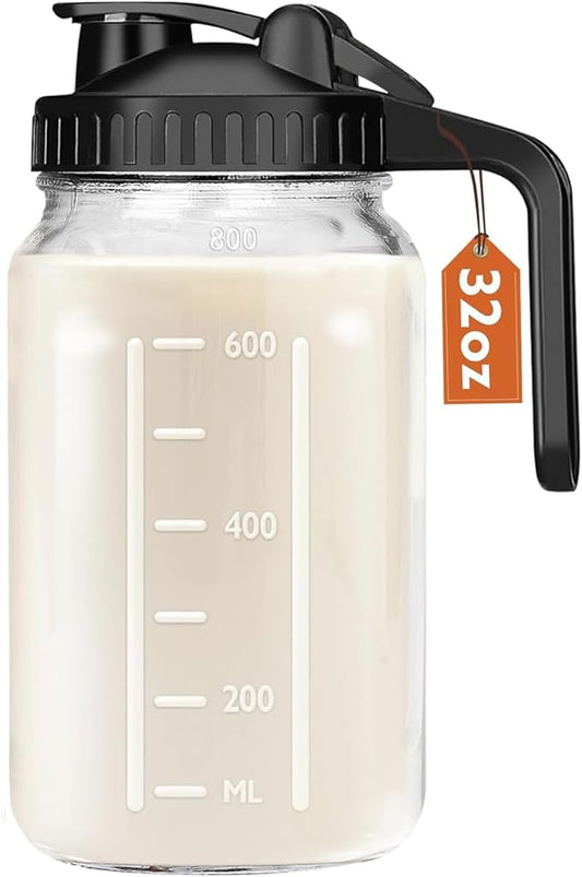 Mihlapi Breast Milk Pitcher, 32 OZ Mason Jar Pitcher with Lid Double Leak Proof,1 Quart Breastmilk Storage Containers for Fridge, Glass Jug for Sun Tea, Juice, Cold Brew Coffee