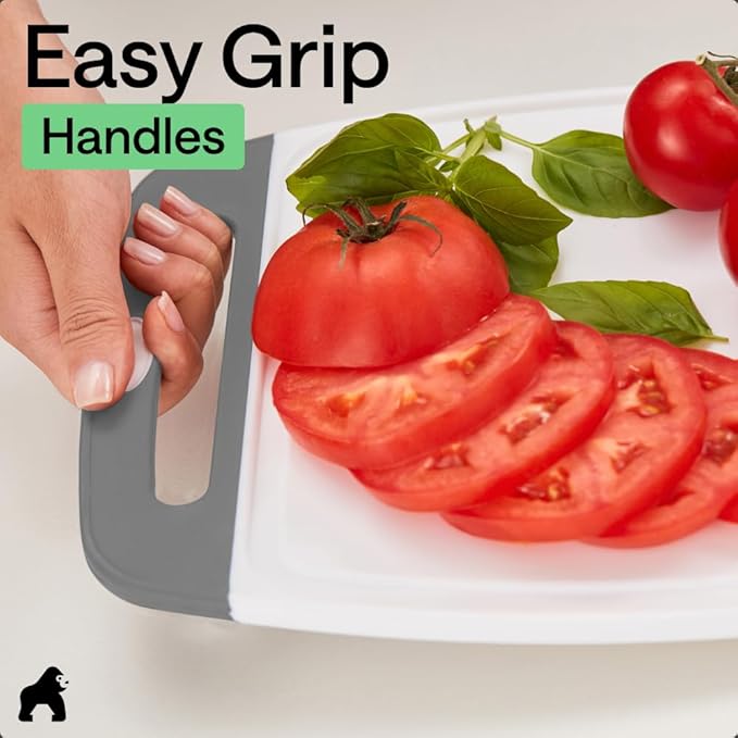 GORILLA GRIP BPA-Free Reversible Kitchen Cutting Board Set of 3, US Designed, Nonporous, Juice Grooves Catch Liquid, Slip Resistant Border, Dishwasher Safe, Durable Large Food Chopping Boards, Gray