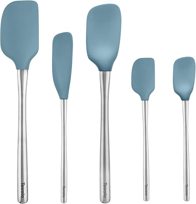 Tovolo Stainless Steel Handled Silicone Spatula Set of 5, Dishwasher Safe Kitchen Spatula Set for Cooking Baking, BPA Free Silicone Spatula set with Metal Steel Handle, Blue Slate