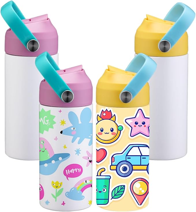 OFFNOVA 12oz Kids Sublimation Tumbler, 4 Pack Stainless Steel Sippy Cup Blank, Vacuum Insulated Water Bottle with Leak-Proof Straw Lid