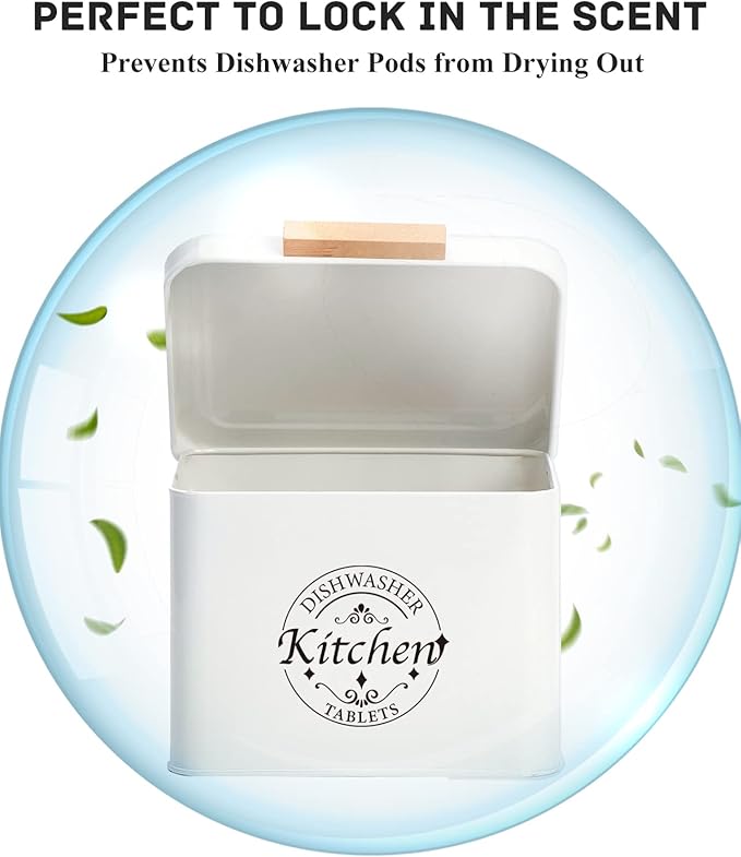Dishwasher Pod Container with Hinged Lid. Farmhouse Metal Dishwaser Pods Holder for Kitchen Cabinet Organizer. Modern Kitchen Decor and Accessories. Dishwasher Detergent Tablet Storage(Cream)