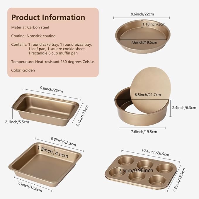 Baking Pans Sets 5-Piece, UNOSCHRIM Nonstick Carbon Steel Bakeware Sets with Round Cake Pan, Round Pizza Pan, Cookie Sheet, Loaf and 6-Cup Muffin Pan, Reusable Baking Sets for Various Baking Scenes