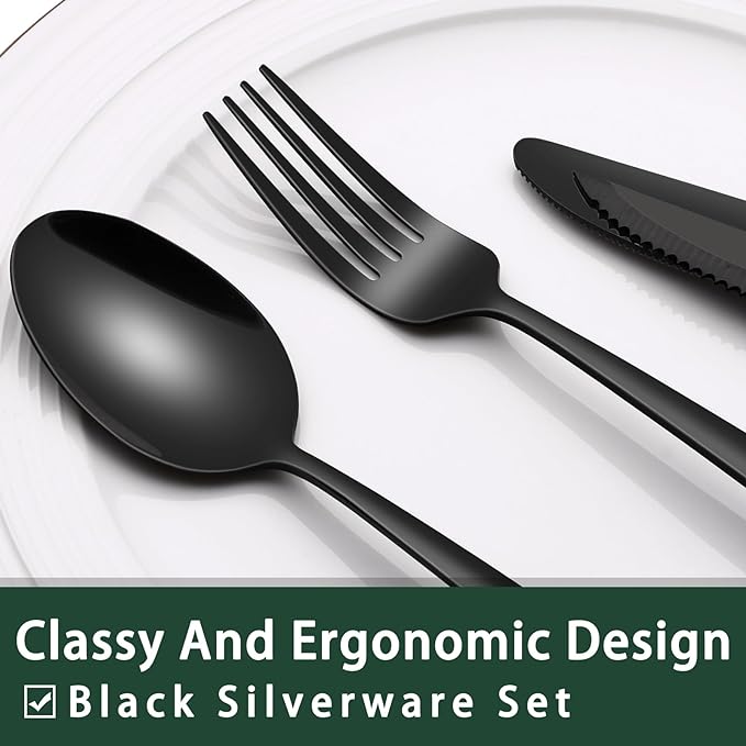 EWFEN 24-Piece Black Silverware Set with Steak Knives, Black Flatware Set for 4, Food-Grade Stainless Steel Tableware Cutlery Set, Mirror Finished Utensil Sets for Home Restaurant, Heavy Duty