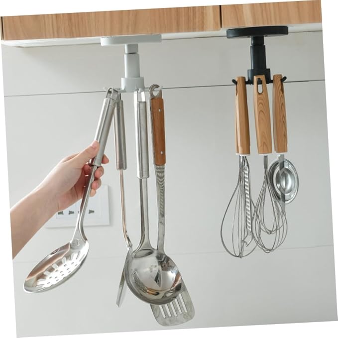 3pcs No-Nail Kitchen Utensil Hooks Rotatable Black Hanging Storage Organizer Under Cabinet Multi-Functional Wall Mounted Holder for Cooking Tools