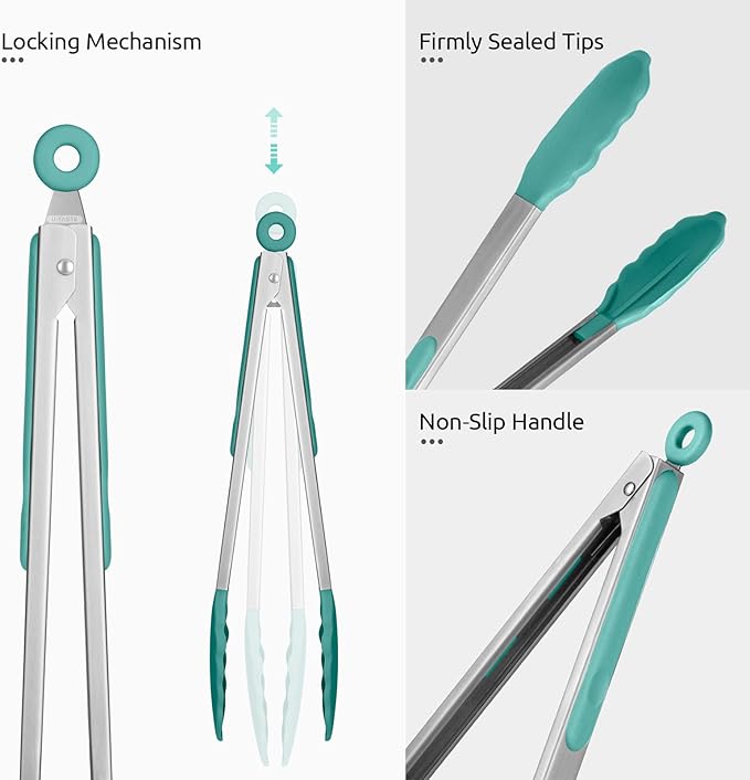 Heat Resistant Silicone Kitchen Tong: U-Taste 12 inch Large 480ºF Hot Proof Cooking Tong with Sturdy Non Stick Rubber Tips & Silicon Coated Steel Handle & Smooth Locking for Serving Salad (Aqua Sky)