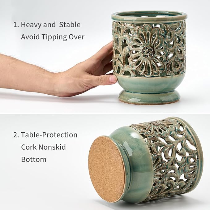 Farmhouse Kitchen Utensil Holder for Countertop, Ceramic Large Cooking Utensil Crock with Cork Mat, Decorative Rustic Utensil Holder for Kitchen Counter, Hollow Carving Flower, Blue