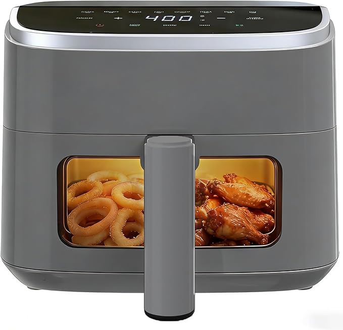 Simple Deluxe 8-in-1 Air Fryer 4 Qt, Digital Preset Airfryer with Visible Window, Nonstick and Dishwasher-Safe Basket for Chips, Bake, Wings, 60-Min Timer, 1500W, Gray