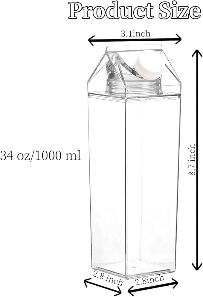 34 oz Clear Milk Carton Water Bottle, 6 Pcs Plastic Milk Bottles Portable Square Milk Box Bulk, Reusable Milk Carton Container Juice Bottle for Outdoor Sports Travel Drinking