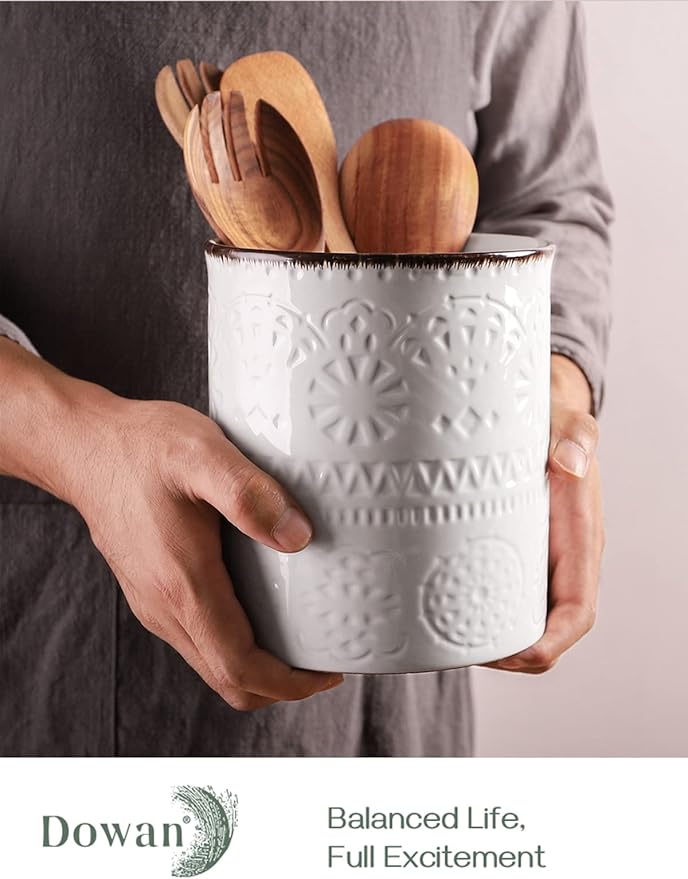 DOWAN 7.2" Kitchen Utensil Holder, Extra Large Farmhouse Utensil Holders for Countertop, Ceramic Utensil Crock, Anti Slip Cork Bottom