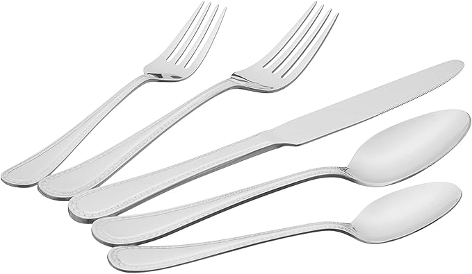 Amazon Basics Silverware Set, Stainless Steel Flatware, Dishwasher Safe, Easy to Clean, Service for 4, 20-Piece Forks and Spoons, Pearled Edge