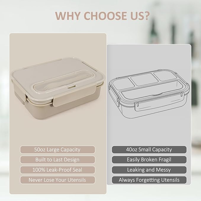 Caperci Bento Box Adult - 50 oz Large Lunch Containers for Adults and Teens, 4-Compartment Bento Lunch Box with Utensils & Leak Proof Sauce Cup, Dishwasher Safe, Durable, BPA-Free (Mocha)