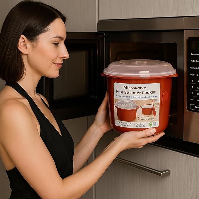 Microwave Rice Steamer Cooker BPA-Free – 2.6L (87.9oz) Red Rice Maker with Lid and Spoon – Dishwasher Safe Microwaveable Cooker for Basmati, Spanish, Indian Rice, Pasta, Ramen, and Vegetables