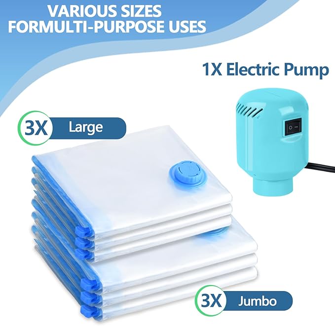 Vacuum Storage Bags with Electric Air Pump, 6 Pack (3 Jumbo, 3 Large) Fast Deflating Double Zip Seal Space Saver Bag for Clothes, Mattress, Blanket, Duvets