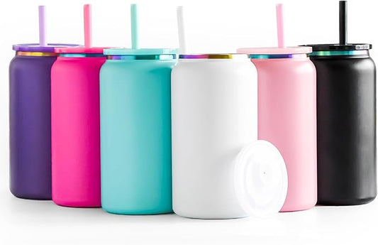 6 Pack Glass Cups with Lids and Straws Unbreakable 16 oz Stainless Steel Can Cup Double Wall Insulated Beer Can Tumbler for Iced Coffee, Juice, Soda, Matte-Colored