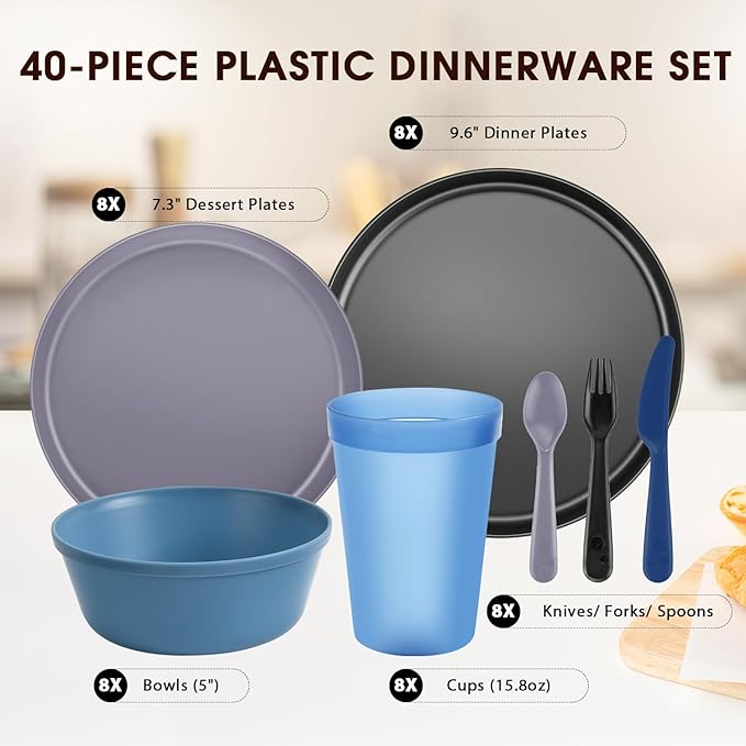 40 Piece Plastic Dinnerware Set for 8 with Cutlery, Unbreakable Plates and Bowls Set, Dishwasher & Microwave Safe Reusable Dish Set for Camping, RV, Outdoor Kitchen, Apartment Dining,Ocean Multicolor