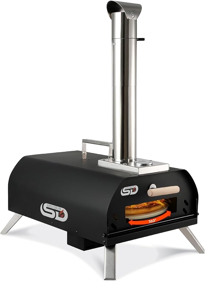 SizzleDelite Outdoor Pizza Oven Wood Pellet 12" Round Pizza Stone, Portable Wood Fired with Built-in Thermometer Pizza Stove, Stainless Steel Pizza Maker for Outside, Backyard, Camping - Black