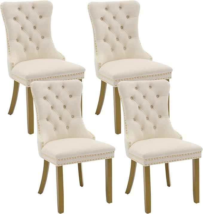 Velvet Dining Chairs Set of 4, Kitchen & Dining Room Chairs, Upholstered Dining Chairs with Back Ring Pull and Golden Solid Wood Legs, Modern Tufted Kitchen Chairs for Dining Room, Cream