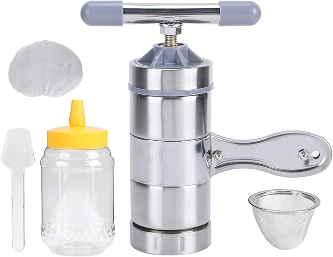 Manual Honey Press Extractor Stainless Steel Beeswax Presser for Beekeeping 650ML Suitable for Beekeepers Easy to Carry Portable Honey Extractor Equipment Including Filter Screen Honey Bottle Spoon