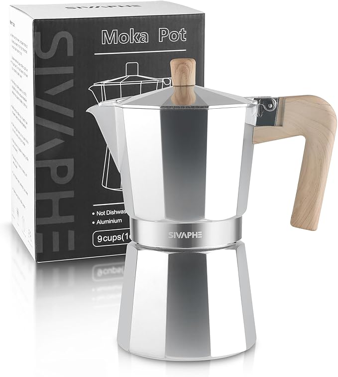 Sivaphe Aluminum Moka Pot 9 Espresso Cups, Percolator Espresso and Coffee Maker, Portable Stovetop Italian and Cuban Café Brewer for Home and Camping Sliver
