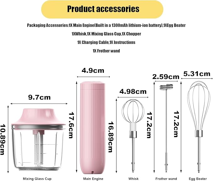 Cordless Hand Mixer with Whisk and Forther Wand,Electric Whisk, Milk Frother,Coffee Frother, Whisks for Cooking,Handheld Frother,Food Chopper, Baby Food Maker,4-Speed, 10Oz