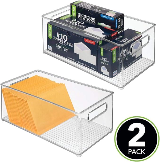 mDesign Deep Plastic Storage Organizer Container Bin, Office Organization for Filing Cabinet, Cupboard, Shelves, and Desk - Holds Notepads, Pens, Pencils, Highlighters, and Staplers - 2 Pack - Clear